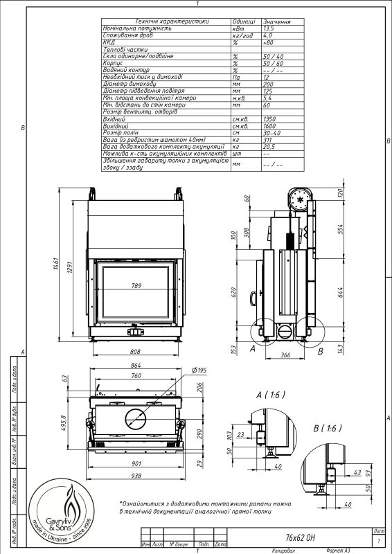 Камінна топка Gavryliv&Sons 76x62 тунельна гільйотина