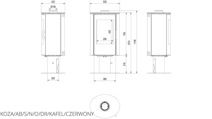 Піч-камін Kratki KOZA AB S/N/O/DR кахель червона