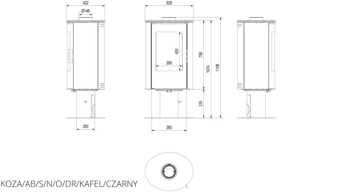 Піч-камін Kratki KOZA AB S/N/O/DR кахель чорна