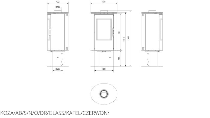 Піч-камін Kratki KOZA AB S/N/O/DR GLASS кахель червона