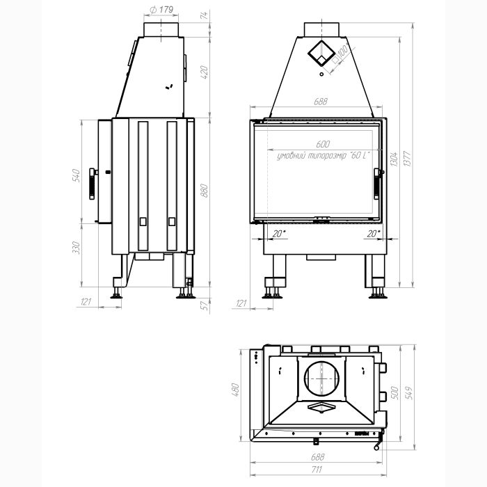 Камінна топка M-FIRE 60 (690/540) кутова ліва (14kW)