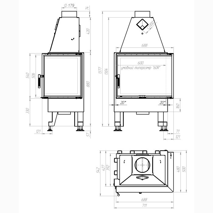 Камінна топка M-FIRE 60 (690/540) кутова права (14kW)
