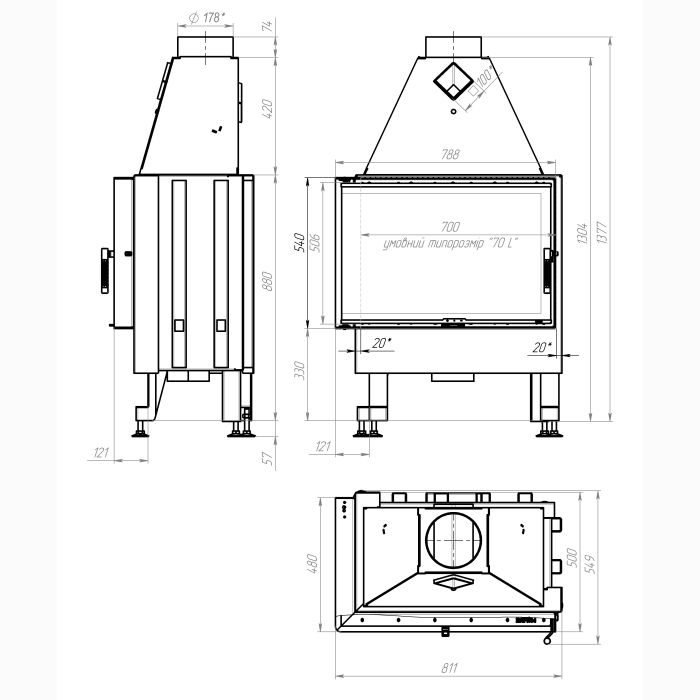 Камінна топка M-FIRE 70 (790/540) кутова ліва (15kW)
