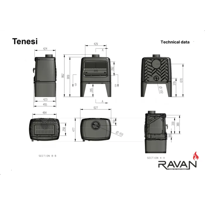 Чавунна піч Ravan Tenesi –  економна піч тривалого горіння з подвійним допалом 14 кВт